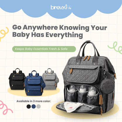 Grey diaper bag with open bottle compartment, shown next to black, blue, and light grey color options.