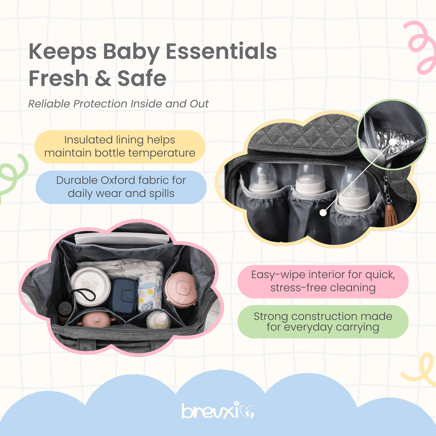 Grey diaper bag shown with open top view and front bottle compartment, highlighting organized storage.