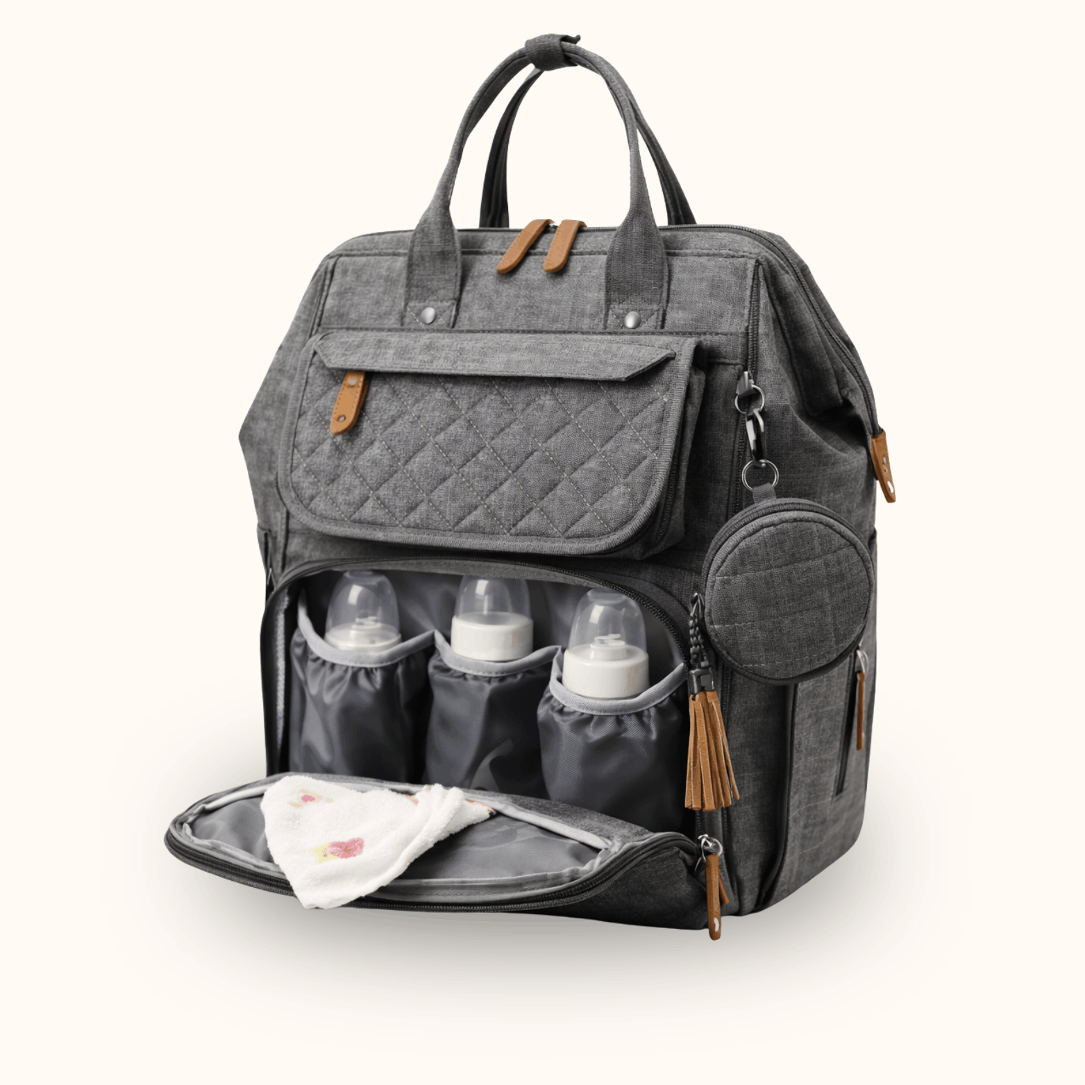 Grey quilted diaper bag with front compartment open, showing baby bottles and a folded cloth.