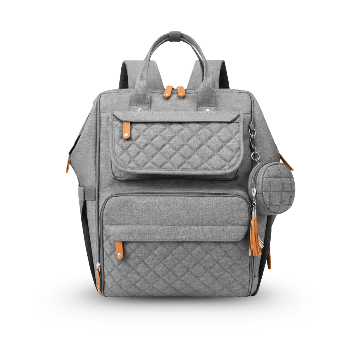 Light grey quilted diaper bag with tan accents, shown from the front with multiple pockets and round pouch.
