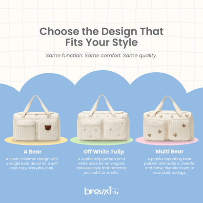 Three cream diaper bags in bear, tulip, and multi-bear designs shown side by side for style comparison.