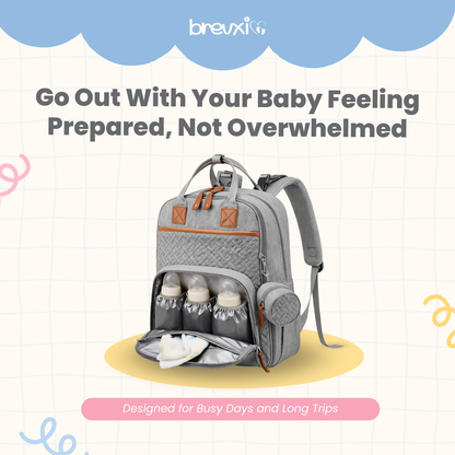 Grey diaper backpack with front pocket open, showing insulated bottle holders and baby essentials inside.