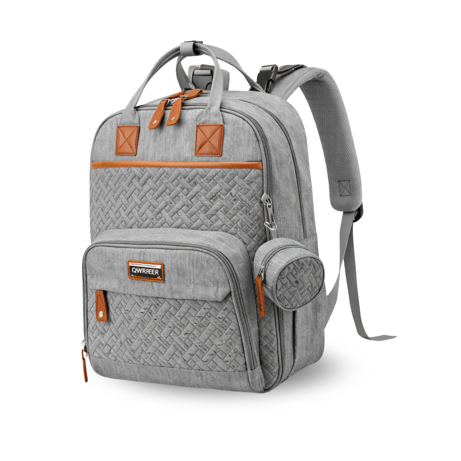 Grey diaper backpack with woven front design, brown leather details, and attached round pouch.
