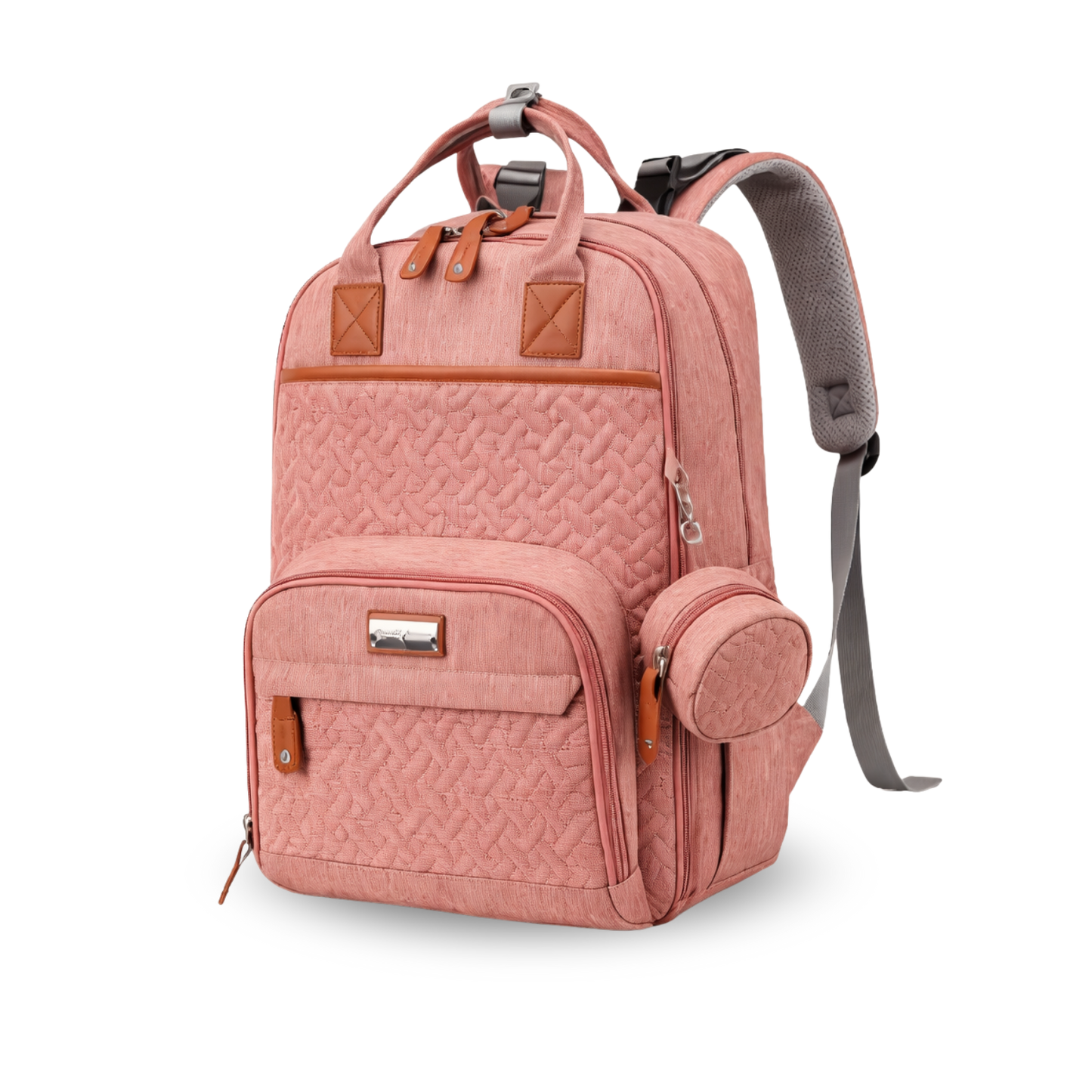 Pink diaper backpack with woven texture, brown leather details, and matching round side pouch.