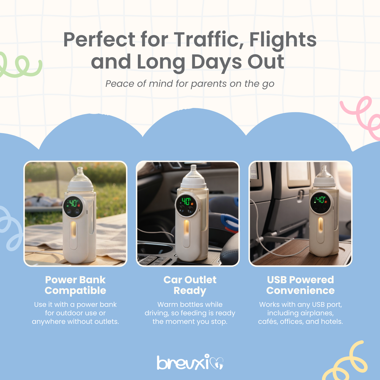 Baby bottle warmer with digital display shown in outdoor, car, and airplane settings for versatile use.