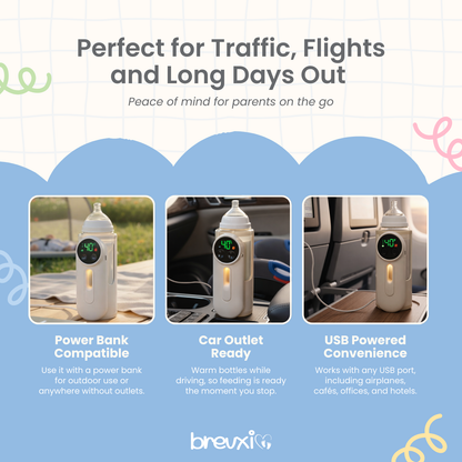 Baby bottle warmer with digital display shown in outdoor, car, and airplane settings for versatile use.
