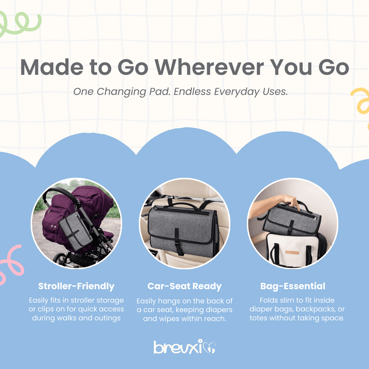 Gray changing pad shown clipped to stroller, hanging on car seat, and placed in a diaper bag.