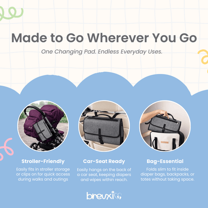 Gray changing pad shown clipped to stroller, hanging on car seat, and placed in a diaper bag.