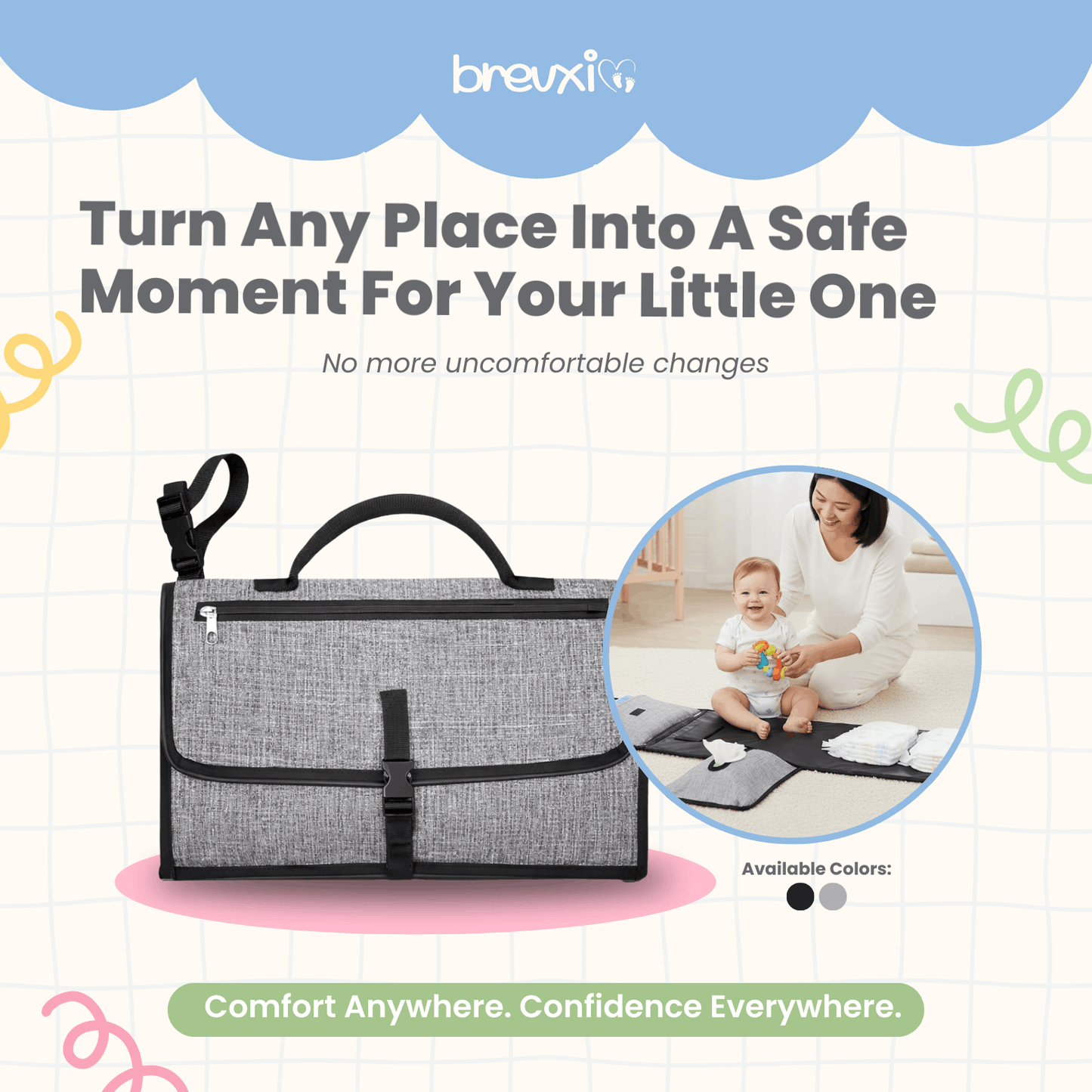 Foldable gray changing pad shown closed and in use on the floor with a smiling baby.
