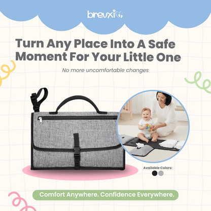 Foldable gray changing pad shown closed and in use on the floor with a smiling baby.